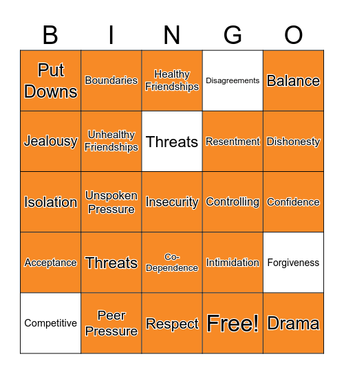 Healthy/Unhealthy Relationships Bingo Card
