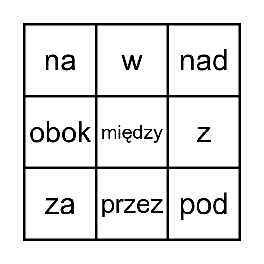 Przyimki Bingo Card