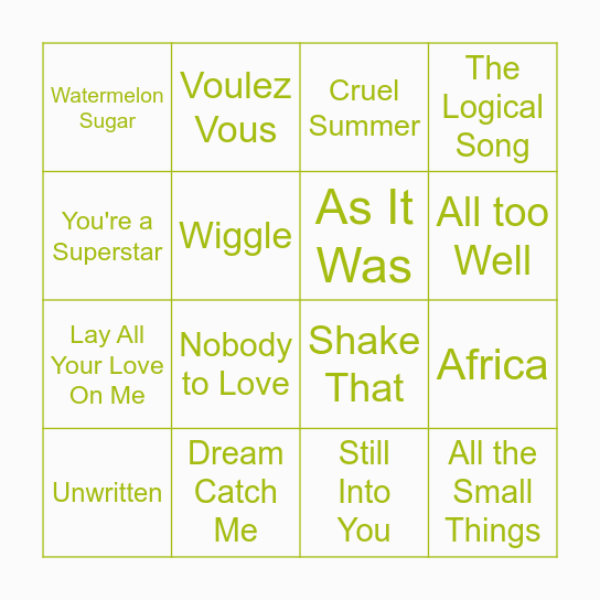 Kimbo's Greatest Hits Bingo Card