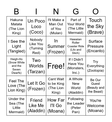 Music BINGO - Disney Edition Bingo Card