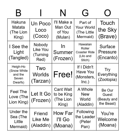 Music BINGO - Disney Edition Bingo Card