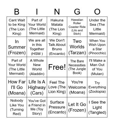 Music BINGO - Disney Edition Bingo Card