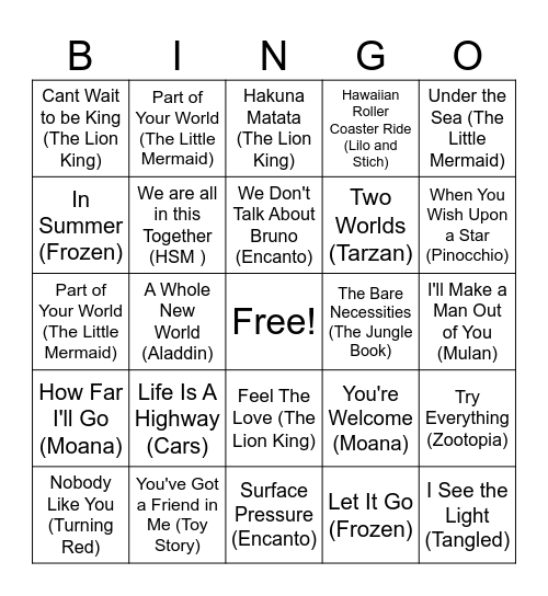 Music BINGO - Disney Edition Bingo Card