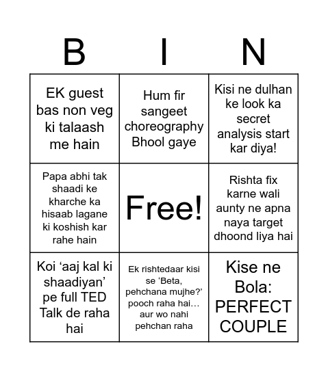 Shaddi Bingo Card
