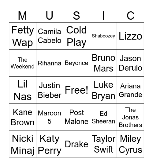 Bingo For Teens - Music Bingo Card