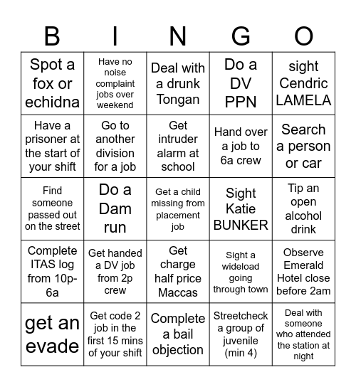 NIGHT SHIFT BINGO Card
