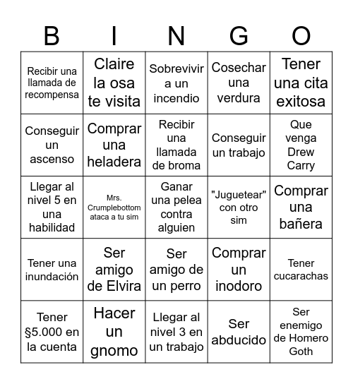The Sims 1 but Bingo Card