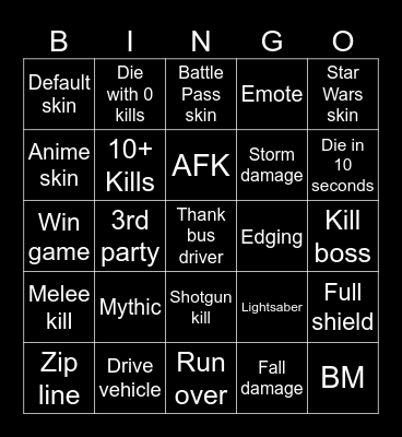 Fortnite Chapter 6 Star Wars Season Bingo Card