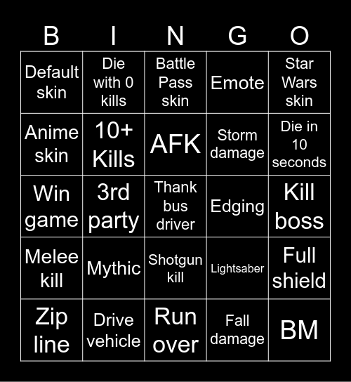 Fortnite Chapter 6 Star Wars Season Bingo Card
