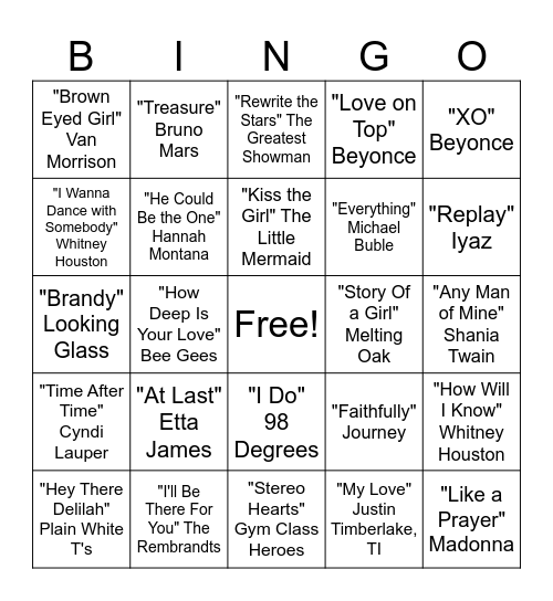 Bridal Shower Music Bingo Card