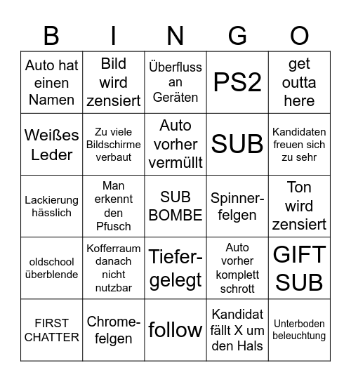 Pimp my ride Bingo Card