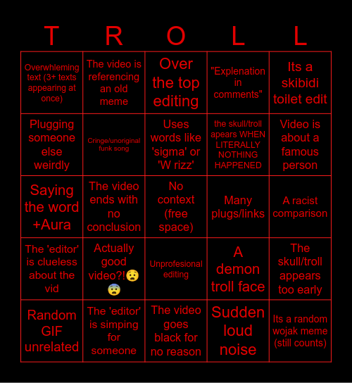 YT Shorts Troll Face Bingo Card