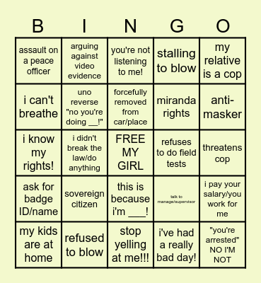 KAREN/BODY CAM BINGO!!! Bingo Card