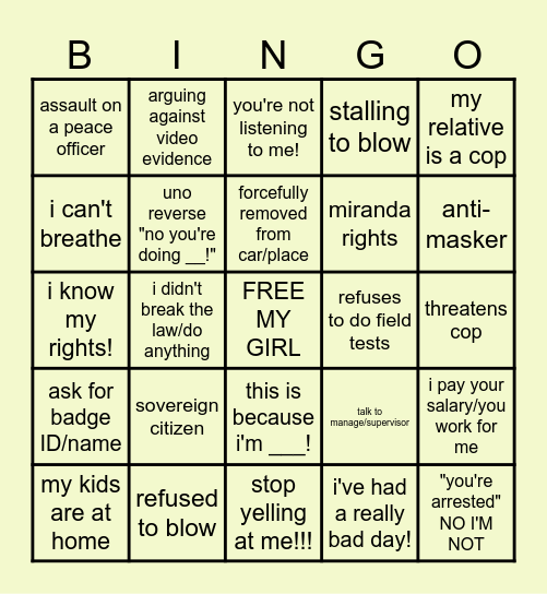 KAREN/BODY CAM BINGO!!! Bingo Card
