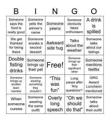 Work Event Bingo Card