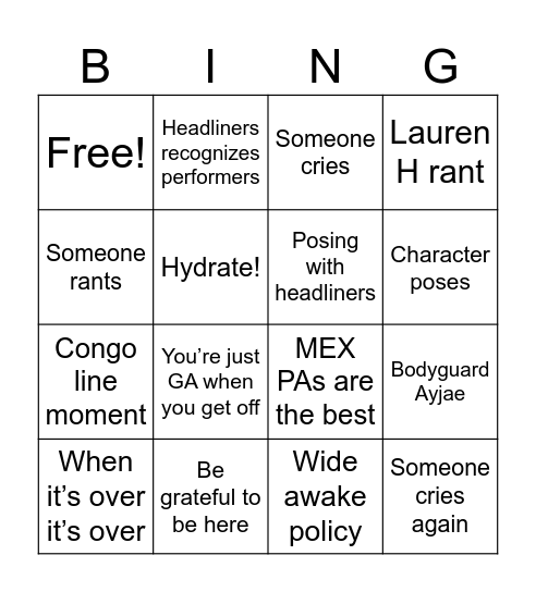 Performer Bingo Card