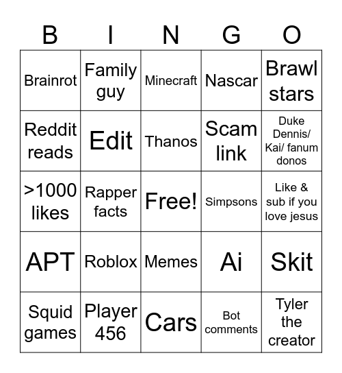 Yt shorts Bingo Card