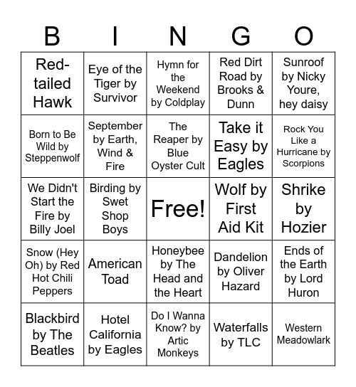 Nature Music Bingo Card