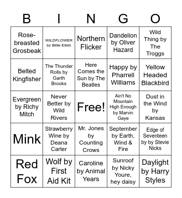 Nature Music Bingo Card