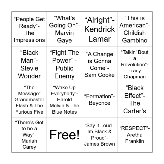 Black Influential Songs Bingo Card