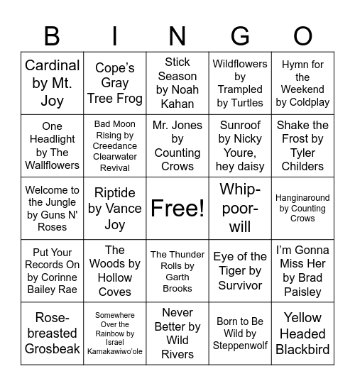 Nature Music Bingo Card