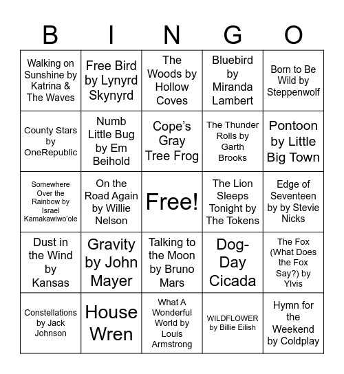 Nature Music Bingo Card
