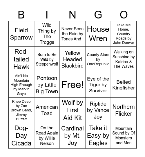 Nature Music Bingo Card
