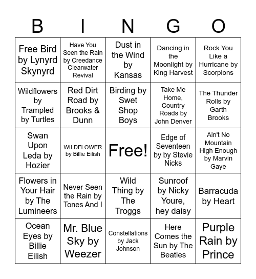 Nature Music Bingo Card