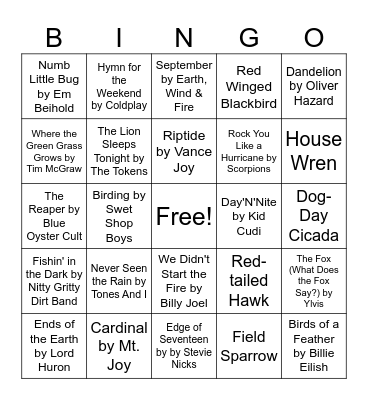 Nature Music Bingo Card