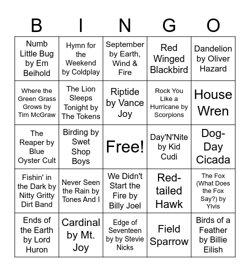 Nature Music Bingo Card