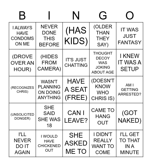 Chris Hansen Bingo Card