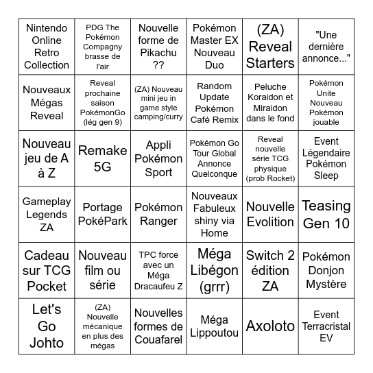 Pokémon Presents 2025 Bingo Card