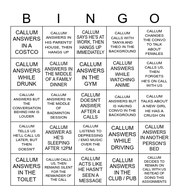 CALLUM 2025 BINGO Card