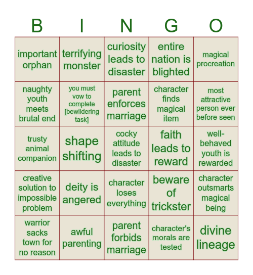 Archaic Storytelling Bingo Card
