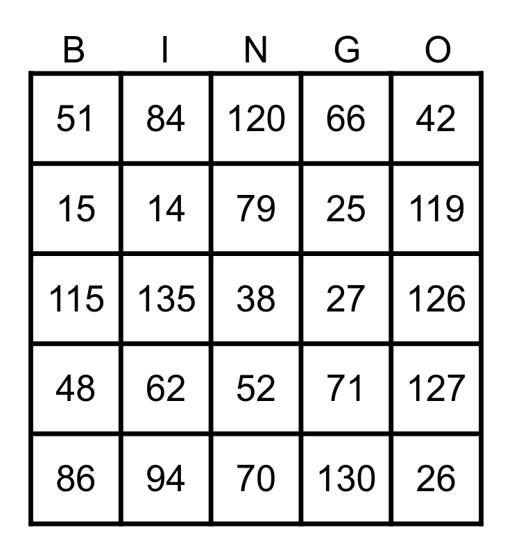 Numbers 1-150 Bingo Card