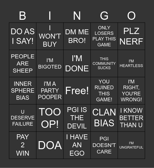 MWO Forum Toxicity Bingo Card Bingo Card