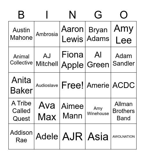 A List Bingo Card