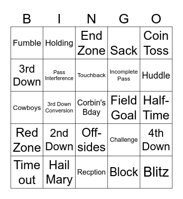 Corbin's  Football  Bingo Card
