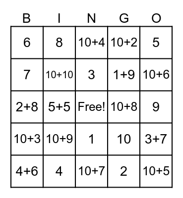 Addition Bingo Card
