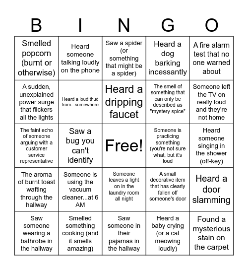 Apartment Bingo Card