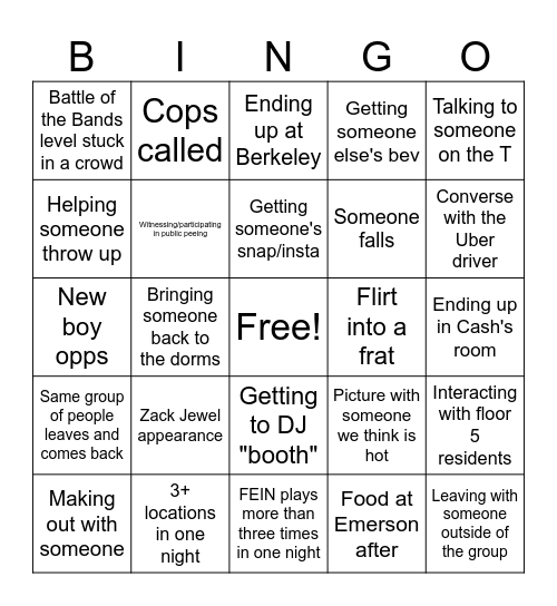 Going Out Bingo Card