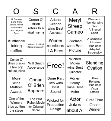 Oscars Sunday 2025 Bingo Card