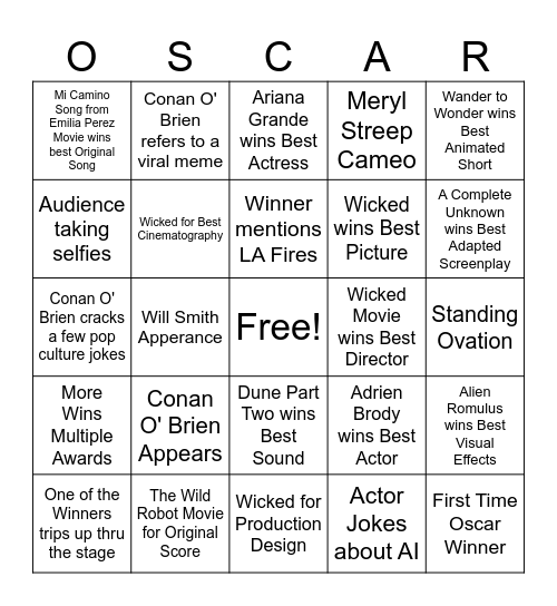 Oscars Sunday 2025 Bingo Card