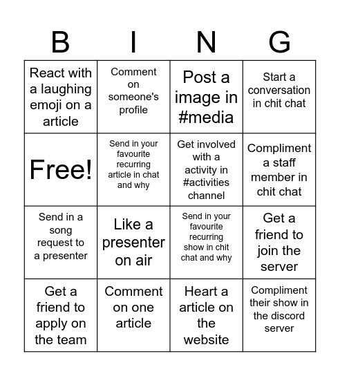 UpBeat Bingo Card
