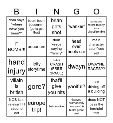 Fast and Furious 6 Bingo Card