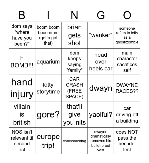 Fast and Furious 6 Bingo Card
