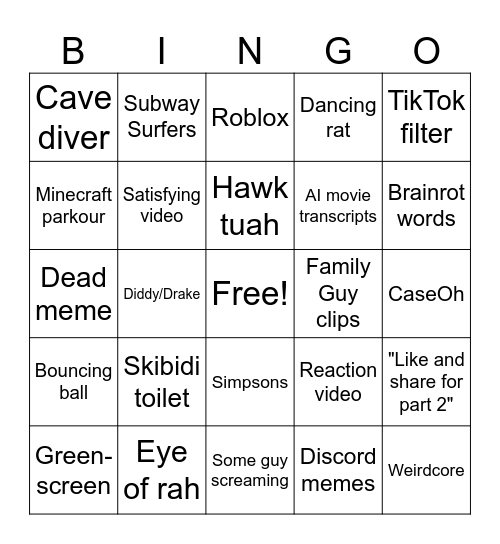 YT Shorts Bingo Card