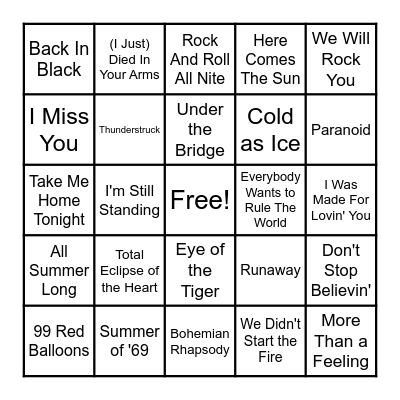 Rock and Roll Bingo Card