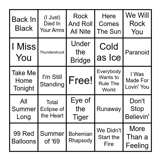 Rock and Roll Bingo Card