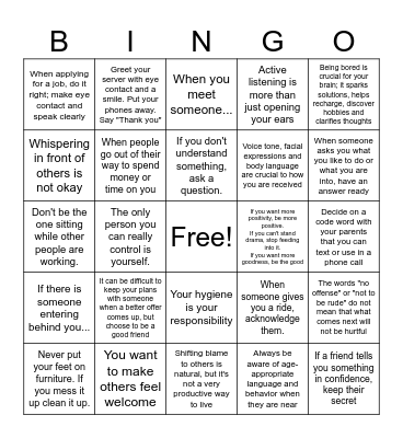 Modern Manners Bingo Card